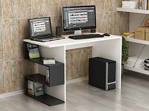 Homidea Warren Schreibtisch - Computertisch - Bürotisch mit Regal Element (Weiß/Schwarz)