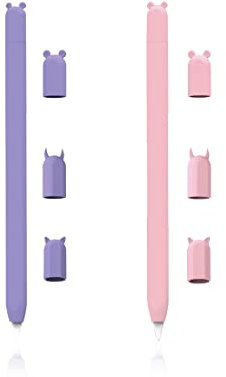Quesuc Silikon Hülle Kompatibel mit Apple Pencil 2,Halter Zubehör Ärmel Anti-Rutsch Schutzhülle Schön Weicher Pen Griff und 3 Stiftschwanzkappen,2021/2020/2018 (Pink und lila)