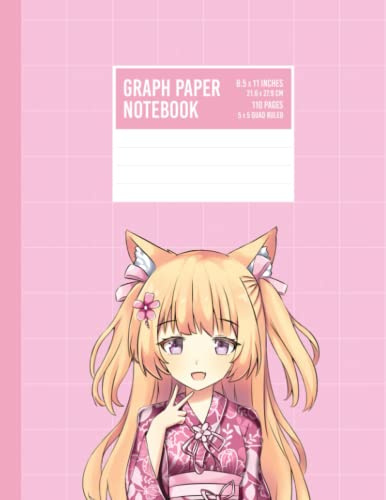 Graph Paper Notebook: Cute Pink Japanese Anime Manga Cat Girl - 5 x 5 Quad Ruled Grid Paper for Math & Science - 8.5 x 11 - 110 Pages