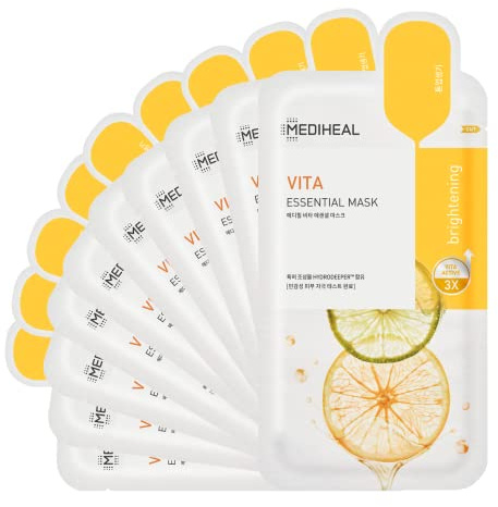 Mediheal Beste Koreanische Gesichtsmasken | Vita Essential Gesichtsmasken | Vitaminmaske für Glättung, Straffung, Tonisierung & Aufhellung | Für Alle Hauttypen | 10 Blätter