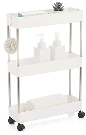 BAKAJI Carrello Carrellino Slim Stretto Sottile Salvaspazio Cucina Bagno Ripostiglio con Ripiani e 4 Ruote, Scaffale Portaoggetti Multiuso con Rotelle (3 Ripiani)