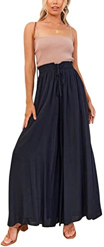 Cocoarm Damen Breites Bein Hose Sommerhose Schlaghose Elegante Business Hosen Elastisch Hohe Taille Freizeithose Jogginghose Casual Pants Laufenhose mit Kordelzug(XL-Schwarz)