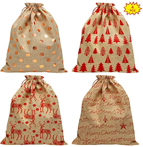 4 Stück Geschenksäckchen zu Weihnachten Weihnachtsmannsack aus Baumwolle mit Kordelzug für Weihnachtsfeier Party Geschenkverpackung Dekoration（30x40 cm）