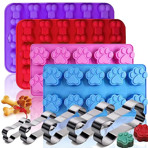 Set of 9-4 Silicone Molds Puppy Dog Paw and Bone，Silicone Dog Treat Molds and 5 Stainless Steel Bone Cookie Cutter，for Chocolate, Candy, Jelly, Dog Treats - Purple,Red,Pink,Blue