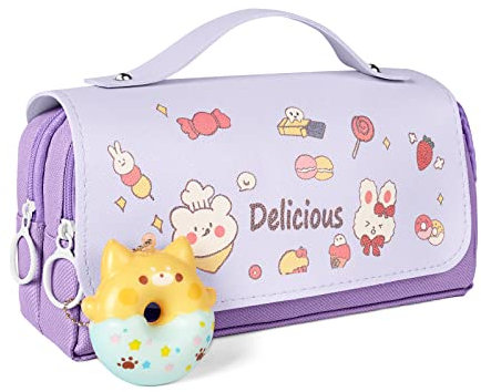 Vicloon Federmäppchen Mädchen Mäppchen Große Kapazität Pencil Case mit 3 Fächern Federtaschen, Schlampermäppchen mit Tragegriff, Etui Stifte für Mädchen Studentin Stiftetasche für Mädchen Geschenk