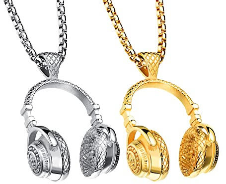 Weenkeey 2 Stück Kopfhörer Halskette DJ Musiker Anhänger Halskette Gothic Punk Rock Hip Hop Anhänger Halskette für Männer Damen - Gold Silber