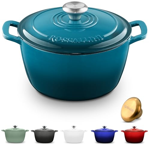 ROSSALLINI Signature Dutch Oven aus emailliertem Gusseisen, antihaftbeschichtet, Serviertopf mit dicht schließendem Deckel für perfektes Braten, Sautieren und Brotbacken, 3.5 Q (3.3 l) – Ozeanblau