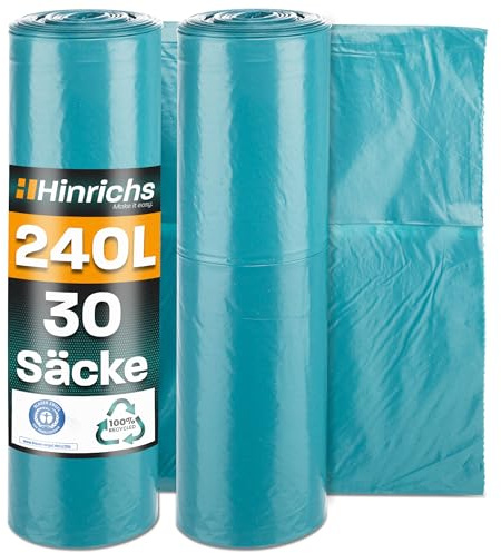 Hinrichs Müllsäcke 240L extra Stark - 2x 15er Rolle - 100x125 cm - Extrem reißfeste Müllbeutel - Mülltüten aus Recycling LDPE - Blaue Säcke - Abfallsäcke für Garten, Haushalt & Baustelle