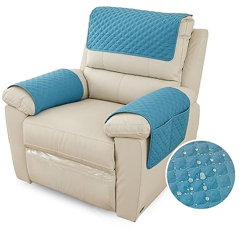 FANSU Sesselschoner Für Relaxsessel Mit Armlehnen, Sesselbezug Mit Taschen Für Fernsehsessel, Wasserdicht & rutschfest Möbelschutz für Sofa, Stuhl (1 Sitzer,Blau)