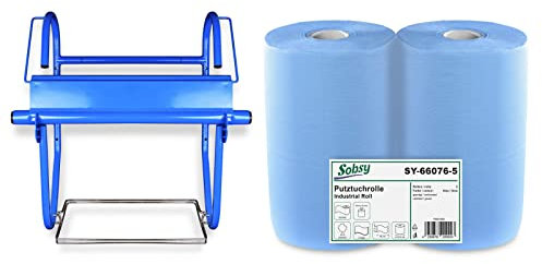 2 x blaue saugstarke Papierrolle mit Wandhalter inkl. Müllsackhalterung | 1000 Blatt, 37 x 36 cm, perforiert | Putzrollenhalter für Werkstatt, Industrie, Garage und Handwerksbetrieb