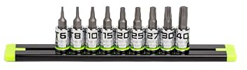 Gripedge-Werkzeuge, 9-teiliges RPT Stern-Treiber-Set, Größen T6 - T40, 1/4-Zoll-Antrieb, hergestellt aus S2-Stahl, inklusive Premium-Aluminium-Stecknussschiene