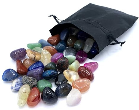 Brasilia Mix | Set de piedras preciosas en bolsa de satén negro | Piedras naturales pulidas | Ideal para niños, cumpleaños, búsqueda del tesoro, decoración, cristales curativos, juegos con piedras