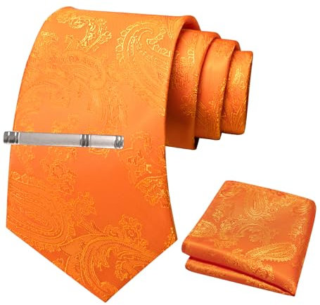 JEMYGINS Herren Paisley Krawatten set mit Krawattenklammer und Einstecktuch,orange Farbe