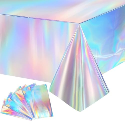 2 Pcs Iridescent Table Cloth Party Rainbow Laser Tablecloths, Plastic Tablecloth Holographic Foil Table Cloth, Waterproof Rectangle Party Table Cloths for Picnic Cirthday Baby Shower Wedding 137x274cm