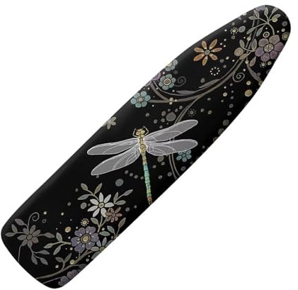 KUIFORTI Planche à repasser motif libellule noire avec coussinet et housse, housse extra large avec attaches auto-agrippantes, rembourrage épais avec bords élastiques