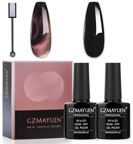 GZMAYUEN Magnetic Gel Nail Polish white Cat Eye Magnet, 2Pcs 10ml 5D Cat Eyes Gel Polish Set, Soak Off UV LED Gel Nail Varnish