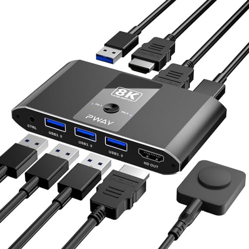 USB 3.0 HDMI KVM Switch 2 PC 1 Monitor 8K@60Hz KVM Switches für 2 PCs teilen sich 1 Monitor und USB-Geräte, unterstützt Kabelfernbedienung und Tastenschalter, EDID