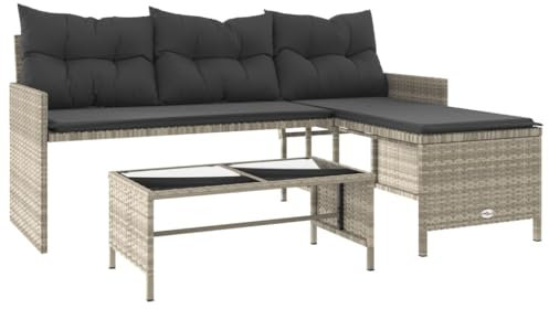 vidaXL Gartensofa in L-Form mit Tisch Kissen, Outdoor Sofa Terrassensofa, Garten Sofagarnitur, Gartenmöbel Sitzgruppe, Hellgrau Poly Rattan