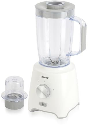 GEEPAS 2-in-1 Food Jug Blender | 1.8L Juice Jar & 60G Mini Coffee Spice Mill | 6-Leaf Stainless-Steel Blades 2 Speed & Pulse Lockable Lid | Smoothie Maker Turbo Button for Ice Crushing | 600W White