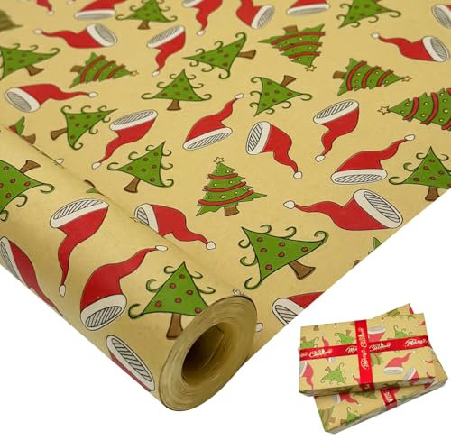 Große Geschenkpapierrolle: 76 cm x 12 m, recycelbares Weihnachts-Kraftpapier mit rotem Hut und Weihnachtsbaum für Weihnachts-, Geburtstags-, Hochzeits- und Festgeschenkdekorationen