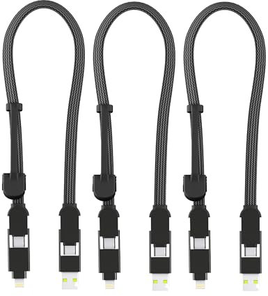 Rolling Square inCharge XL 6-in-1 Multi Charging Cable, (3X Pack) Portable USB and USB-C Cable 100W Ultra-Fast Charging, 1 Ft/0.3m, Black
