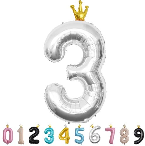 Luftballon Zahl 3 Silber, 101cm Riesen Zahlenballon Nummer 0 1 2 3 4 5 6 7 8 9 10 16 18 21 30 40 50 60 70 80 90 100, 40 Groß Folienballons für Hochzeit Jubiläum, Geburtstagsballons Party Dekoration