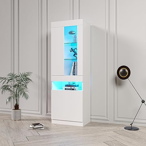 Rtopsu Vitrine Weiß Sideboard Standschrank mit LED-Beleuchtung, Vitrinenschrank Küchenschrank mit Glasstür & 3 Stauraum, Glasvitrine Schrank für Wohnzimmer Schlafzimmer, 180x50x40 cm