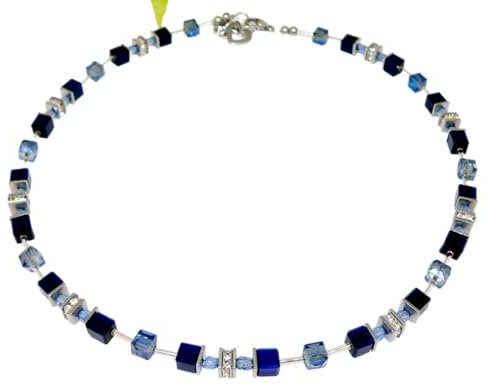 Halskette, Kette, Collier Armband Ohrringe Schmuck Set, Glas Würfel Cat Eye dunkelblau nachtblau, Kristallglas Silber, Strass Edelstahl