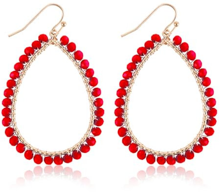 Pendientes Aro Cuentas Forma Lágrima, Pendientes Verano Cristales Brillantes Pendientes Personalizados Pendientes Llamativos con Cuentas Accesorios Bohemios Regalos para Mujeres (Rojo)