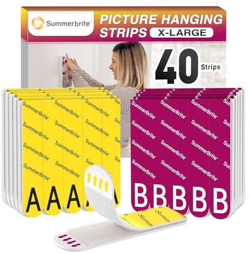 Summerbrite Tiras Adhesivas para Colgar Cuadros Sin Agujeros, 20 Pares (40 Tiras, Tamaño XL), Cuelga Cuadros Sin Clavos, Soporta 6,8 Kg, Sin Residuos, Ideal para Marcos, Decoraciones de Pared