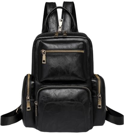 FUXIU Damen-Rucksack aus PU-Leder, kleiner Rucksack, Wanderrucksack, Studenten-Schulrucksack, niedlicher Reiserucksack, Schultertasche, Schwarz