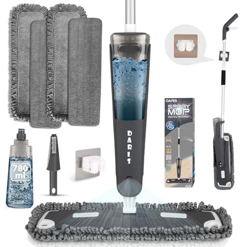 DARIS Mocio spray in microfibra per la pulizia del pavimento, polvere rotante a 360 gradi con 4 panni lavabili Wet and Dry Flat Mops Bottiglia ricaricabile da 780 ml per casa, cucina, pavimenti in