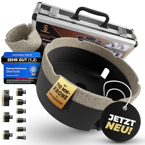 SilexTools Profi Diamant Fliesenbohrer Set - 9 teilig [20|25|32|35|40|50|60|68|110mm] mit Bohrkronen, 68mm Steckdosenbohrer, Diamantbohrer für Fliesen Granit Marmor Naturstein Keramik Feinsteinzeug