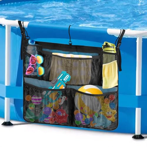 Cyiecw Borsa portaoggetti per piscina con 3 ganci, cestino portaoggetti rimovibile per piscina da giardino multifunzionale, cestino laterale, accessorio per piscina e bagno