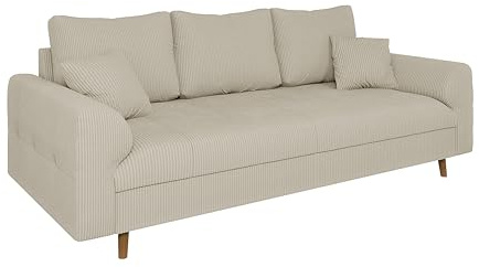 S-Style Möbel Sofa Couch 3 Sitzer Mit Kissen 210 x 93 x 81 cm Freistehend Kratzfest Massivholzfüße Braun Cord Stoff Milo Beige
