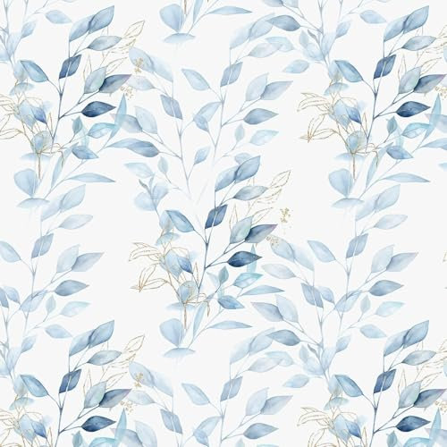 Yomshi Selbstklebende Tapete Blau Weiß Gold Blätter Tapete 41cm×10m Wasserdicht Möbelfolie Selbstklebend Vinyl Klebefolie für Schlafzimmer Wohnzimmer Wand Möbel Dekorative