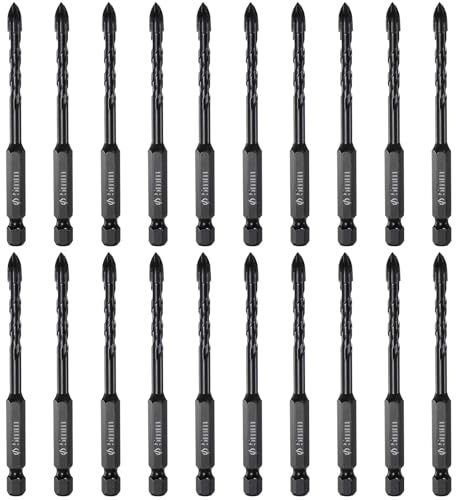 QUARKZMAN 20pcs Foret Maçonnerie, Foret Béton 5mm 1/4 Tige Hexagonale Foret Carrelage Pointe Carbure pour Briques, Verre, Plastique, Carrelage, Miroir Mur, Noir