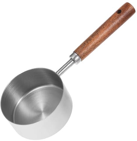 QFGasre 1 Pcs Measuring Cup and Spoons Set Dog Cat Food Scoop Stainless Steel Pet Food Scoop Wooden Handle with US Measurements Metric Cups and Spoons for Cooking and Baking