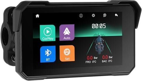 Rimoody Pantalla Moto Inalámbrica Carplay Portátil Radio Coche para Motocicleta, 5 Pantalla Táctil, IP68 Impermeable,Android Auto Bluetooth Detección de Presión de Neumáticos Función Antirrobo 12 V