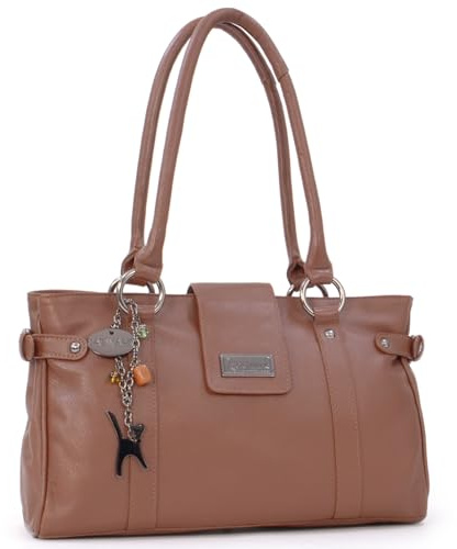 Catwalk Collection Handbags - Bolso de Hombro de Piel - Bolso de Mano Mediano Mujer - Bolso de Diario Multibolsillos - Martina - Castaño Marrón