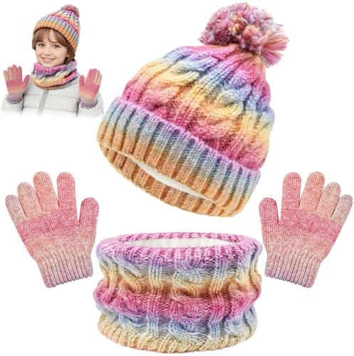 Cyiecw Kinder Wintermütze Schal Handschuhe Set, Dicker Beanie Hut Warme Handschuhe Kinder Winter, Gefütterte Strickmütze und Loop Schal für Jungen Mädchen von 3-8 Jahren
