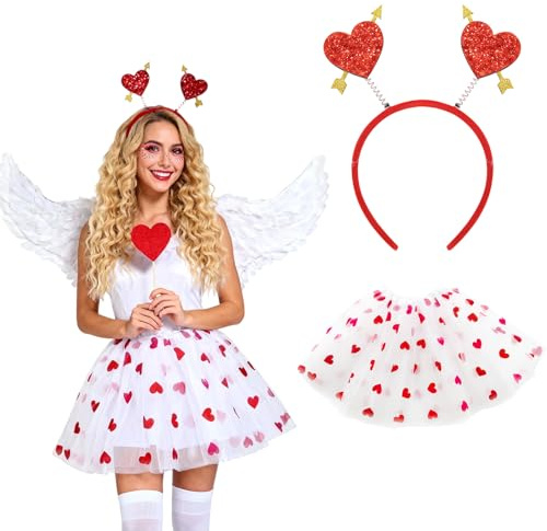 QITHGYD 2 Stück Amor Kostüm Damen, Valentinstag und Karneval, Tüllrock Weiß, Herz Haarreif, Karneval Kostm Damen, Cosplay Partys Liebevolle Accessoires Ideal für Romantische Auftritte Amouröse Rollen
