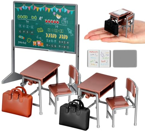 TOYANDONA 1 Set Miniatur Klassenzimmer Spielset- 1:12 Maßstab Mini Puppenmöbelmodelle mit Schultafel, Stuhl, Schreibtisch, Buch, Schultasche - Realistisches Puppenzubehör für Puppenhaus (Retro