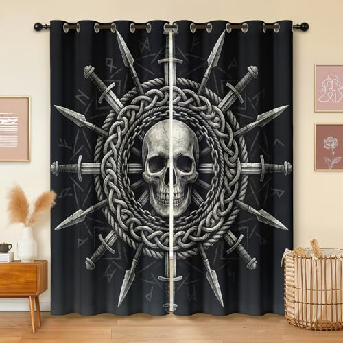 Havenix Totenkopf Wikinger Gothic Vorhänge Wohnzimmer Blickdichte Schädel Runen Gardinen mit ösen Thermo Vorhang Gegen Kälte Verdunklungsvorhänge für Schlafzimmer 2er Set H 175 x B 140 cm