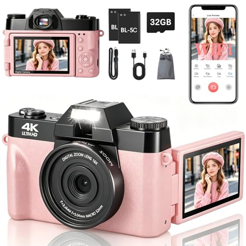 4K Digital Camera, 75MP WiFi Vlogging Camera with 180° Flip Screen, Autofocus, 18X Zoom, 32GB Card, 2 Batteries, Compact Point and Shoot Digital Cameras for Beginner Teens Student Kids (Pink)