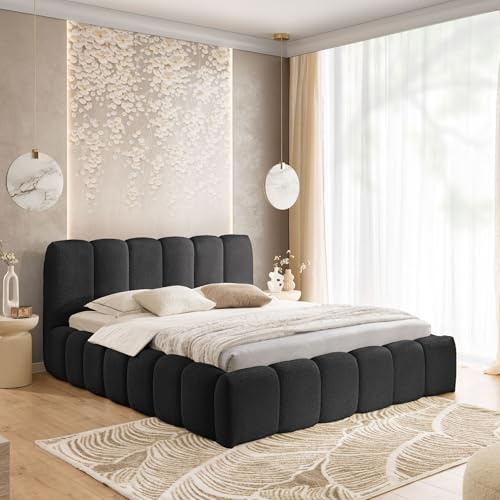 Home Collective Polsterbett Doppelbett Bubble Bett mit Stauraum viele Größen | Bettgestell mit Lattenrost weicher Bouclé Bezug mit Steppung niedriges Kopfteil | Schlafzimmer Möbel | Schwarz 200x200 cm