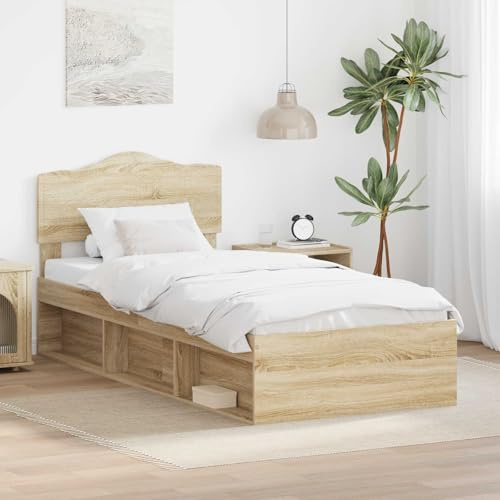 Teenpull Bettrahmen Sonoma-Eiche aus massivem Kiefernholz 90 x 200 cm Einzelbett mit Lattenrost, Kopfteil und robustem Holzwerkstoffrahmen für Schlafzimmer, Gästezimmer und Jugendzimmer