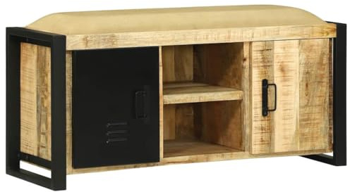 TUERYAFEK Industrie Banktruhe aus Massivholz Mango, 100 x 35 x 50 cm, Sitzbank mit Stauraum für Wohnzimmer, robuste Truhe im urbanen Loft-Stil