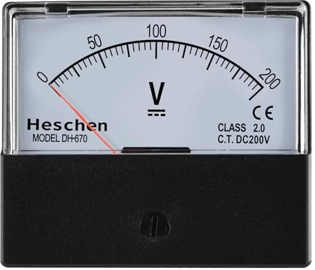 Heschen Analog Voltmeter Panel Meter DH 670 Style DC 0-200V Class 2.5 | 70x60mm frame size, 41.5mm overall depth, clear scale pointer display, rear screw terminal posts, clear plastic cover