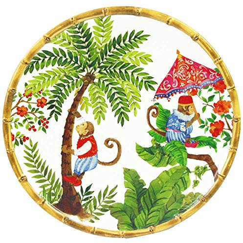 Les Jardins de la Comtesse - Gran Plato Llano de Melamina Pura - Monos de Bali - 28 cm - Coral Rojo y Verde - Servicio de Mesa de la Colección Vajilla Irrompible MelARTmine